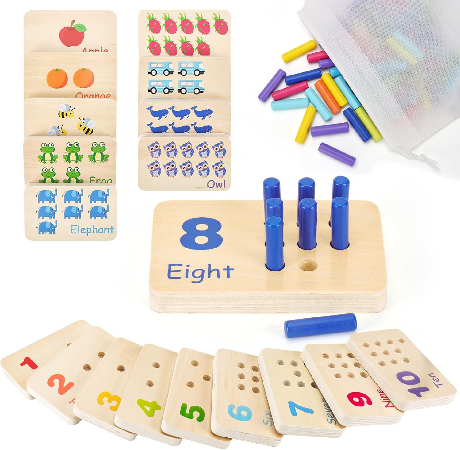 Wooden Montessori Number Blocks for Toddlers, Counting Peg Board ...