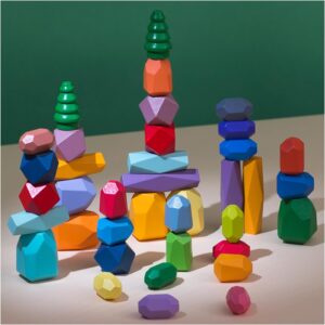 24 PCS Assorted Wooden Sorting Stacking Rocks Stones,Sensory Toddler Toys, Montessori Toys, Building Blocksfor Kids 3-6 Years